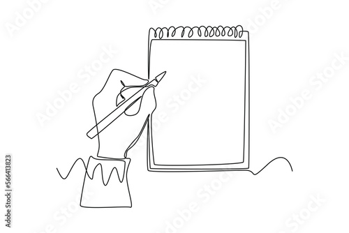 Single one line drawing hand holding pens  writing on note. Education concept. Continuous line draw design graphic vector illustration.