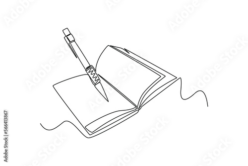 Single one line drawing Pen writing on book. Education concept. Continuous line draw design graphic vector illustration.