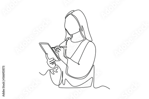 Single one line drawing woman writing notes on tablet. Continuous line draw design graphic vector illustration.