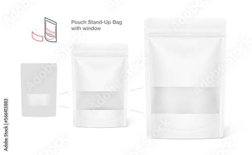 Pouch bags with transparent window mockups on white background. With the transparent window and screen mode overlay, it's easy to make a realistic mockup of your product. Vector illustration. EPS10.