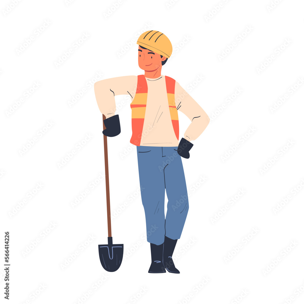 Road Worker in Hard Hat and Orange Vest Standing with Shovel Repairing Street Infrastructure Vector Illustration Road Worker in Hard Hat and Orange Vest Standing with Shovel Repairing Street Infrastructure Vector Illustration