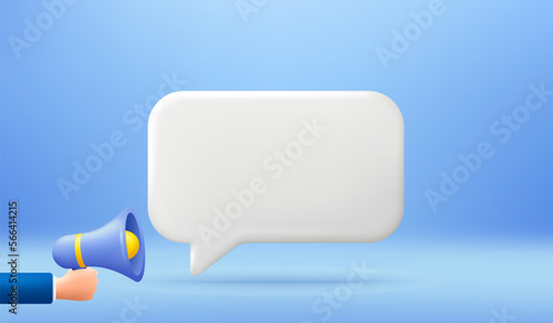 Empty reminder chat bubble. Push notice alert with megaphone offer icon. Phone 3d message template. Speech bubble with loudspeaker. Offer speaker chat box banner. Megaphone alert. Vector illustration