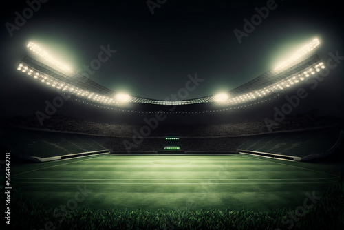 football stadium blurred background with lights, grass, ground view. generative ai content