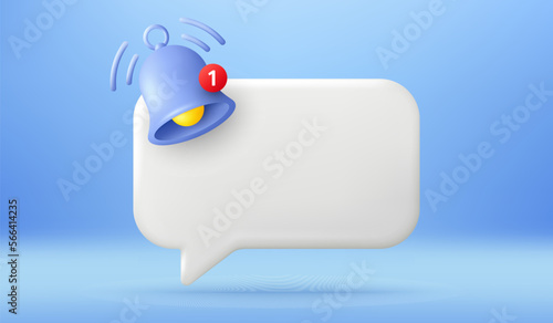 3d empty reminder popup notice. Push notification with bell icon. Phone alert message template. Speech bubble with 3d alert bell. Empty chat message reminder. Vector illustration