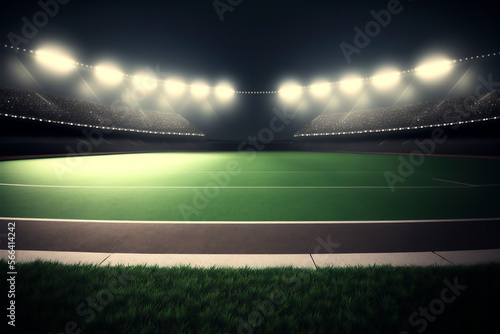 football stadium blurred background with lights, grass, ground view. generative ai content © Felippe Lopes