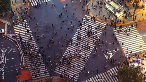 TOKYO - OCT 3rd, 2022: Aerial view of people and traffic crossing the famous Shibuya scramble intersection in Tokyo, Japan in time-lapse