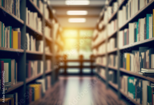 Blurred empty college library interior space.Blurry classroom with bookshelves by defocused effect.Use for background or backdrop in book shop business or education.Created with generative ai