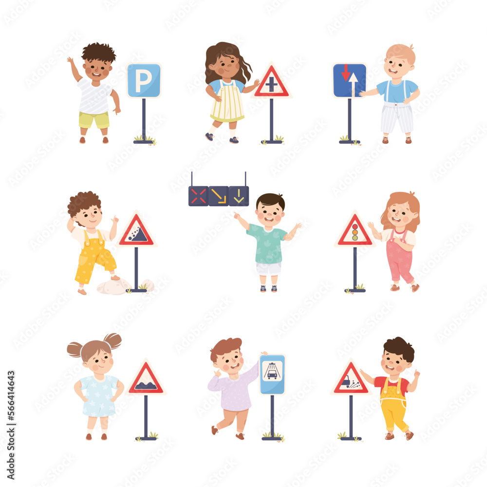 Cute Children Learning Rules of Road Engaged in Traffic Education Vector Set Cute Children Learning Rules of Road Engaged in Traffic Education Vector Set