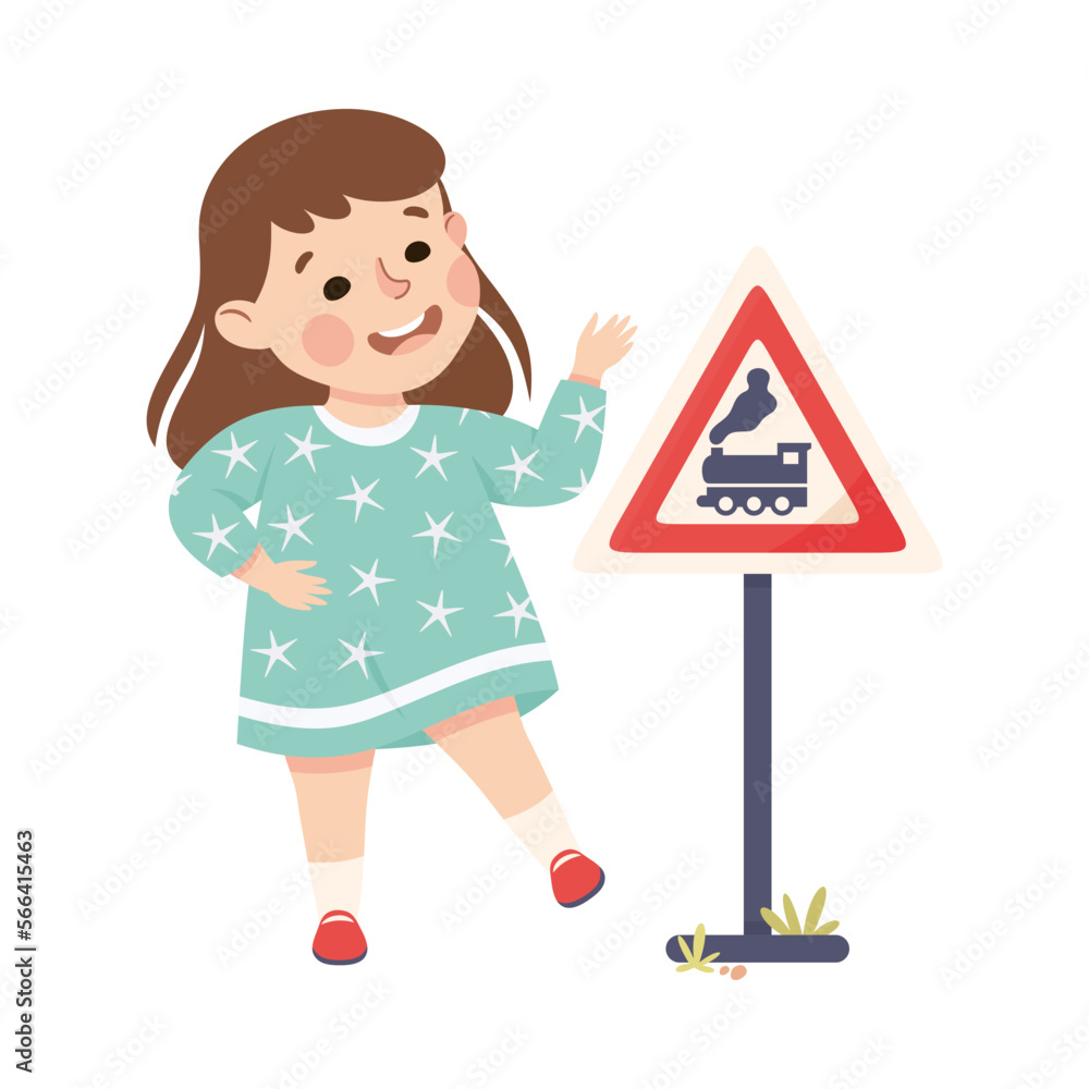 Cute Girl Standing Near Train or Railroad Traffic Sign on Pole Learning Rules of Road Vector Illustration Cute Girl Standing Near Train or Railroad Traffic Sign on Pole Learning Rules of Road Vector Illustration