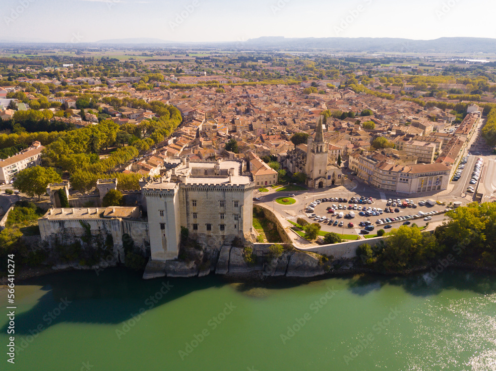 Aerial view of medieval fortified Chateau de Tarascon and Rhone river at sunny day