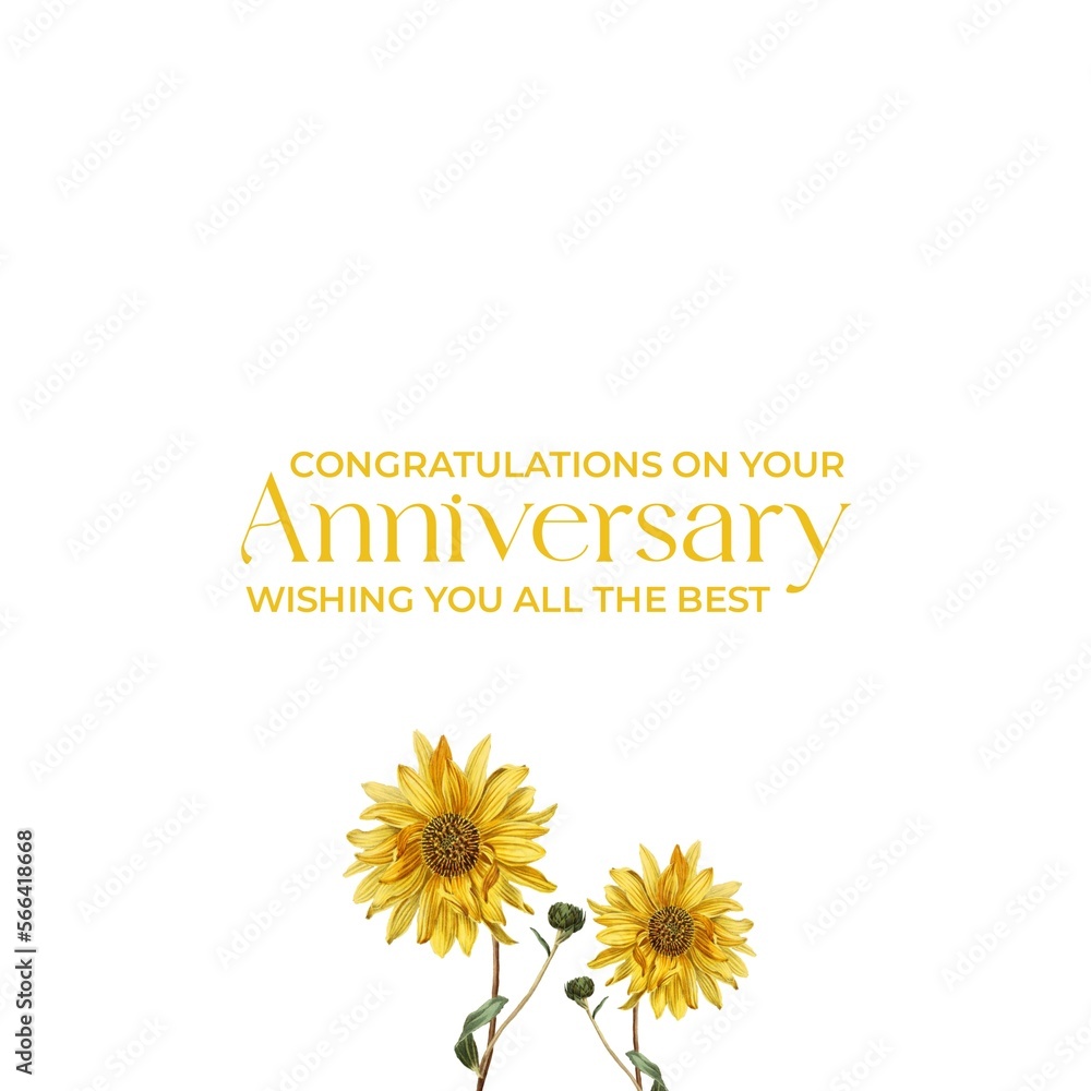 Fototapeta premium Happy Anniversary greeting card. Typography design for greeting cards and poster isolated on white background with sunflower decoration. Card with sunflower. 