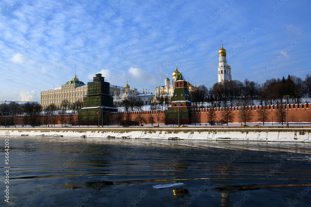 Moscow Kremlin architecture in winter. Popular landmark.