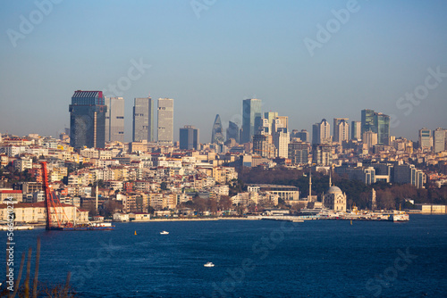 Scenic view of modern cityscape of Beyoglu district in Istanbul from Topkapi across Bosphorus and Golden Horn bay on sunny winter day  Turkey.