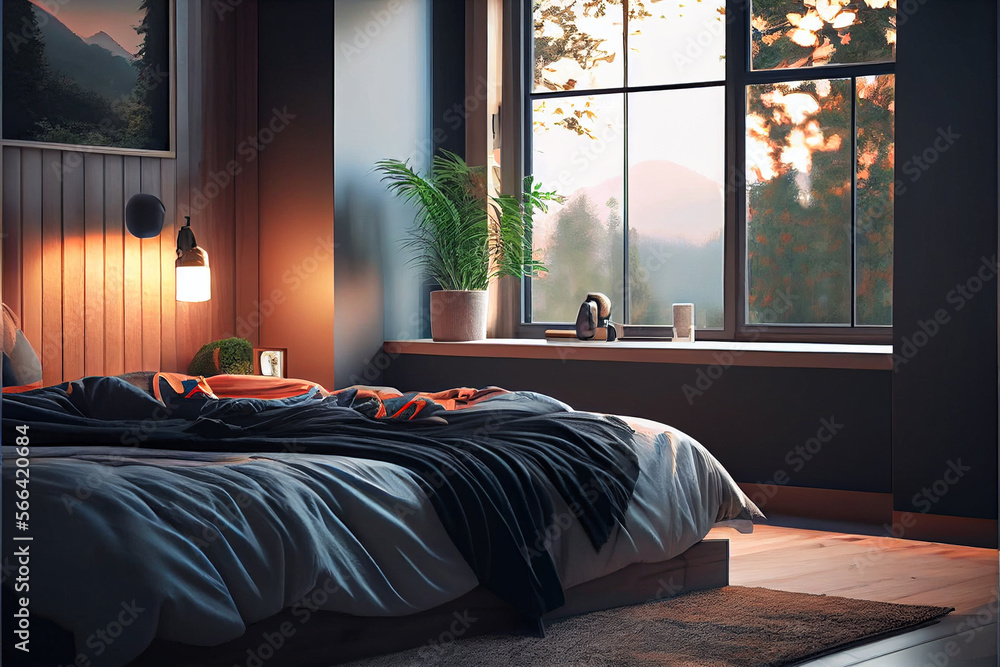 elegant bedroom interior design with a big window in the day time ...
