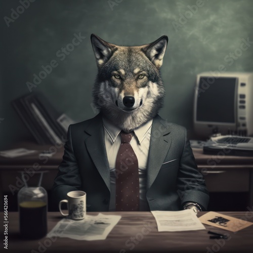 Portrait of a wolf dressed in a formal business suit sitting at his desk, generative ai 