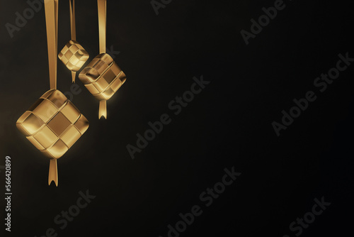 Golden ketupat on black background 3d illustration