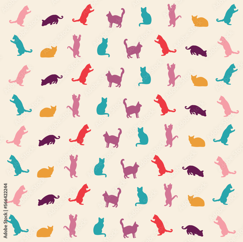 Colorful cat pattern hand drawn vector design, illustration