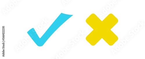 Blue check mark and yellow cross symbol icon element, Isolated on white background. cute tick and cross marks, cartoon or doodle theme. photo