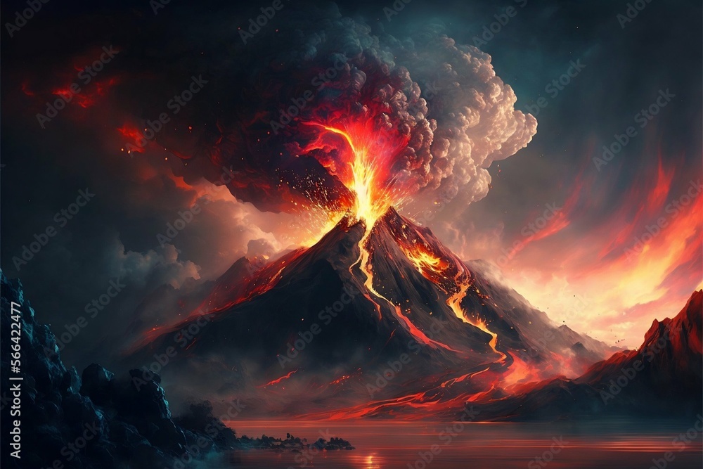 Volcano eruption spewing lava in a painted texture. Apocalyptic landscape, Hell concept. Generative AI.