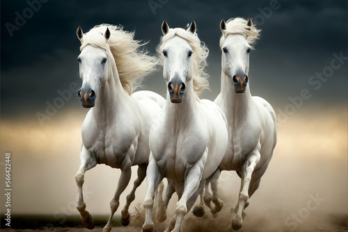 Three white horses riding through the field. Generative AI. © Albert