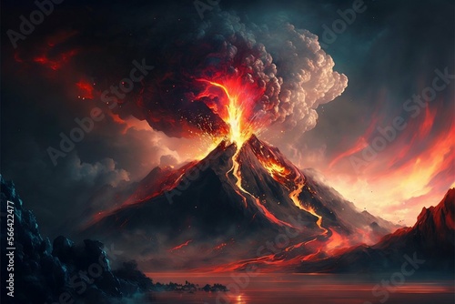 Volcano eruption spewing lava in a painted texture. Apocalyptic landscape, Hell concept. Generative AI.