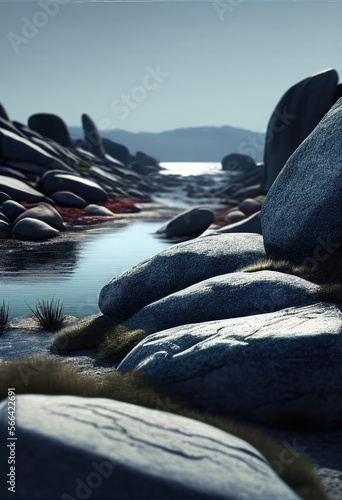 Beach with small stones and rocks, rocky, water, horison