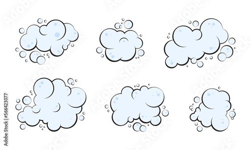 Cartoon foam and soap bubble, smoke pop, blue cloud, gas balloon vector icon, water bubbles set hand drawn, shampoo suds isolated on white background. Fun simple illustration