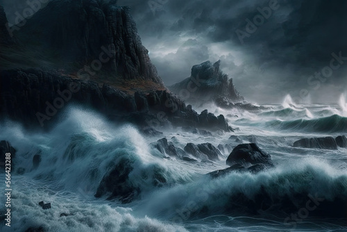 Thunderstorm over a rugged coastline with crashing waves  sea  ocean  wave  water  waves  storm  nature  sky  landscape  coast  rock  surf  beach  splash  clouds  power  mountain  waterfall  spray