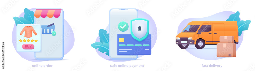 Set of shopping vector 3d illustrations: Online order, Safe online payment and Fast delivery with floral elements. Shopping icons for web site, landing page, banner. Set of shopping vector 3d illustrations: Online order, Safe online payment and Fast delivery with floral elements. Shopping icons for web site, landing page, banner.