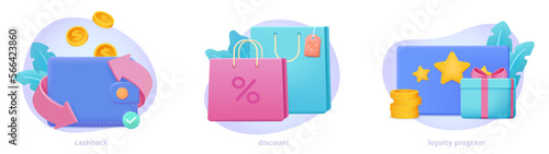 Set of shopping vector 3d illustrations: Cash back, Discount and Loyalty program with floral elements. Shopping icons for web site, landing page, banner. 