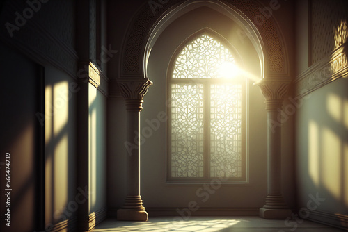 the peaceful beauty of a mosque illuminated by sun ray through the window