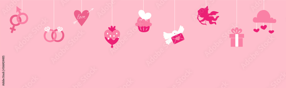 Happy Valentine's day sale header or voucher template with white hanging cute object. Poster or banner with pink background. Place for text. Happy Valentine's day sale header or voucher template with white hanging cute object. Poster or banner with pink background. Place for text.