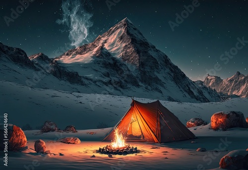 Camping Tent at Night Next to a Snowy Covered Mountain (Generative AI)