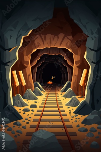 Valokuva cartoon illustration, tunnel of a mine with railway ,rocks and stones, generativ