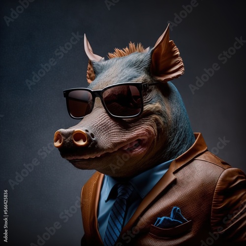 Illustration of Razorback Hog photography in a suit as mascot fun human-like character generative ai