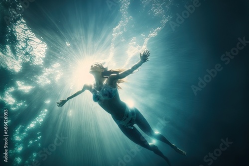 A woman dives, and enjoys relaxing underwater. Illustration with fictional person Ai generated.