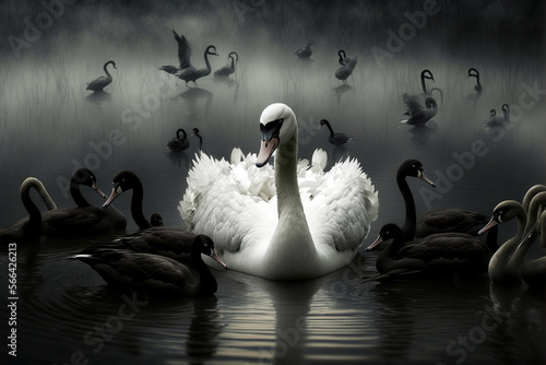 Canvas Print Illustration of a white swan with black ones, concept of individuality and special personalities