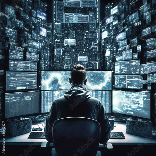 A hacker, from behind, facing his computers - generative ai photo