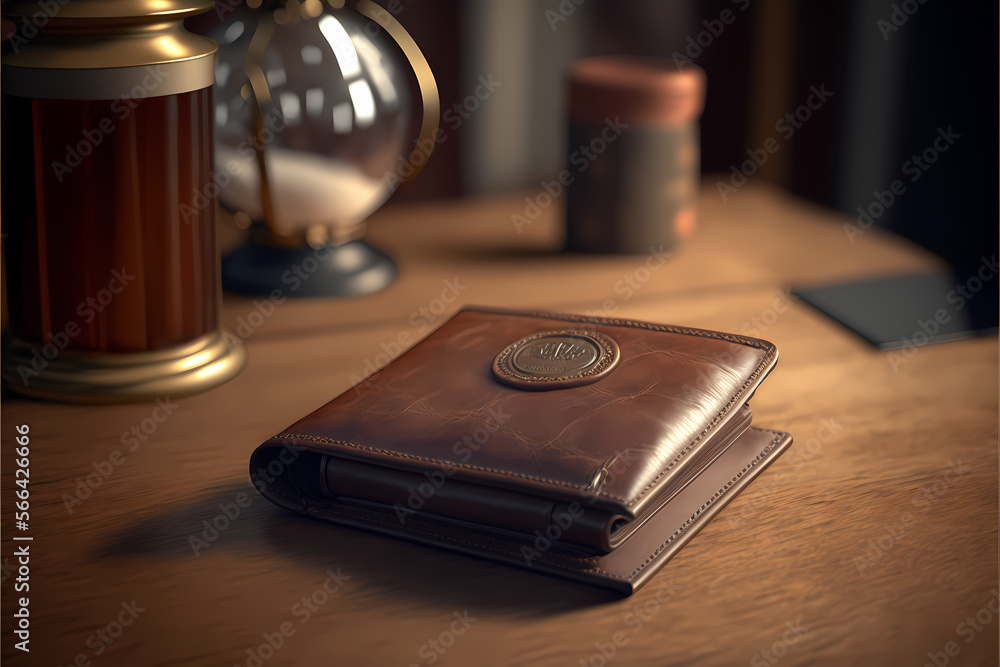 Brown leather wallet with seal on a wooden desk, business workspace and table, generative ai Brown leather wallet with seal on a wooden desk, business workspace and table, generative ai