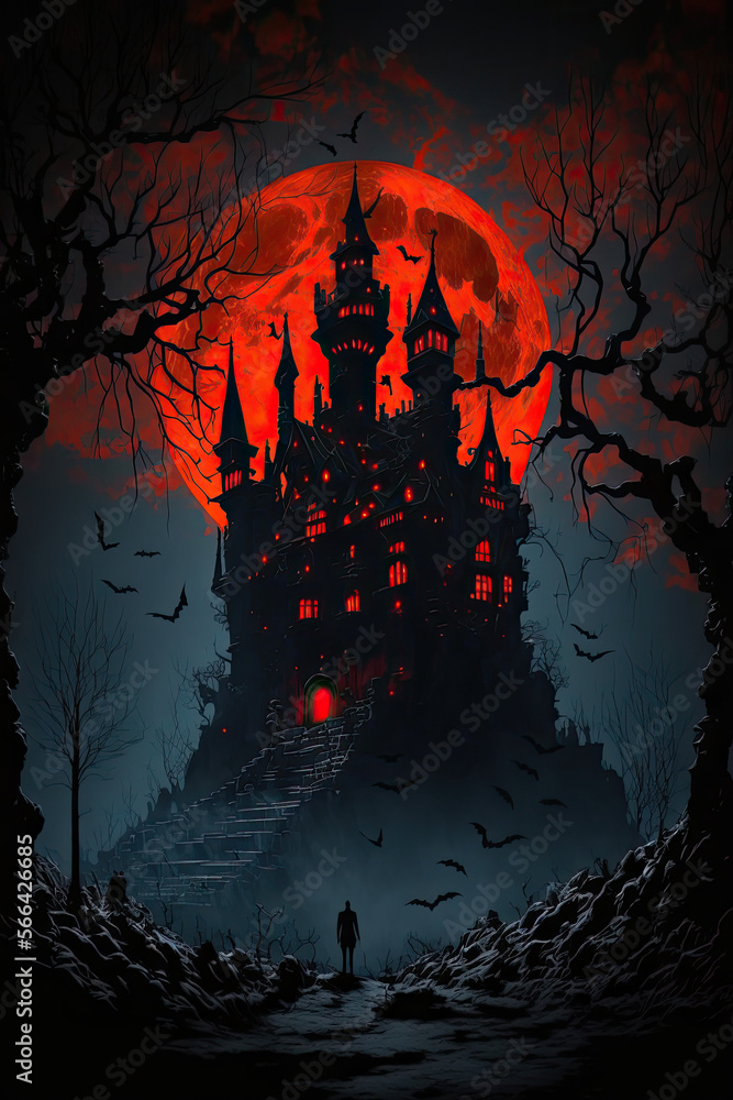 Blood moon over a dark and haunted castle