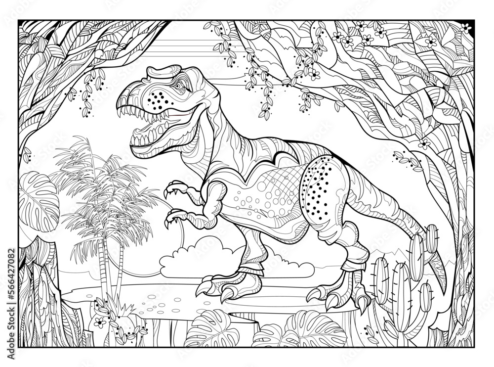 Coloring book for children and adults. Illustration of tyrannosaurus