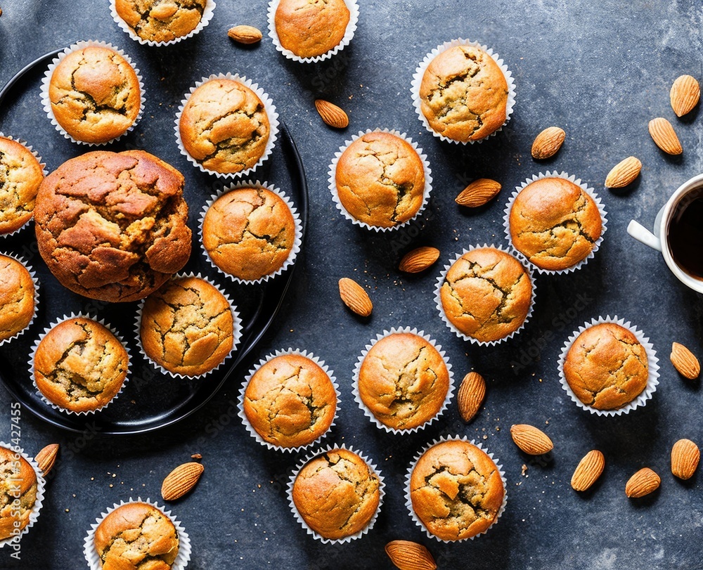 homemade almond muffins with nuts and chocolate on a black background homemade almond muffins with nuts and chocolate on a black background