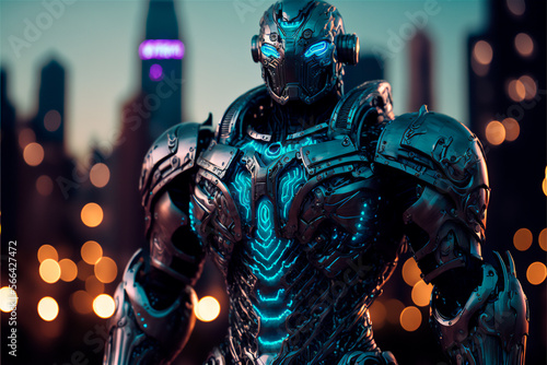 Science fiction robot soldier neon armor on the streets of the future city. Military futuristic robot warrior. AI generated image. Selective Focus