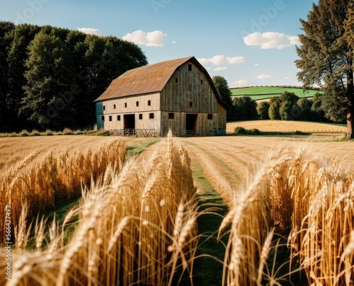 beautiful landscape with a wooden barn house in the countryside