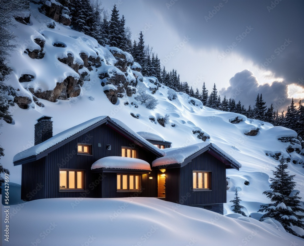 house in the snow in winter, beautiful winter landscape with snow covered trees
