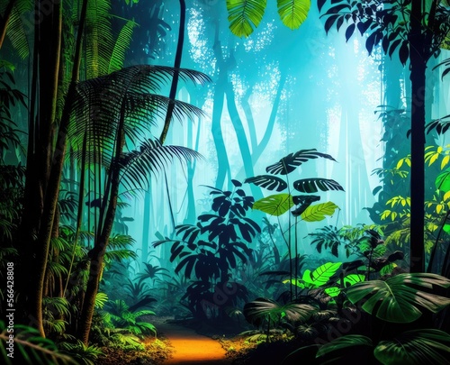 tropical jungle in a beautiful forest at sunset. the concept of the night landscape in the sky.