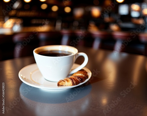 cup of coffee and croissant on wooden table