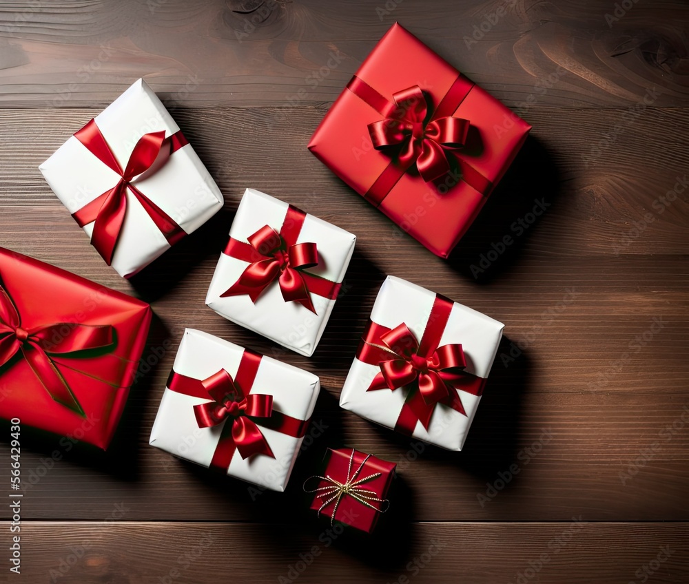 Valentines gift boxes and red ribbon on wooden background Valentines gift boxes and red ribbon on wooden background
