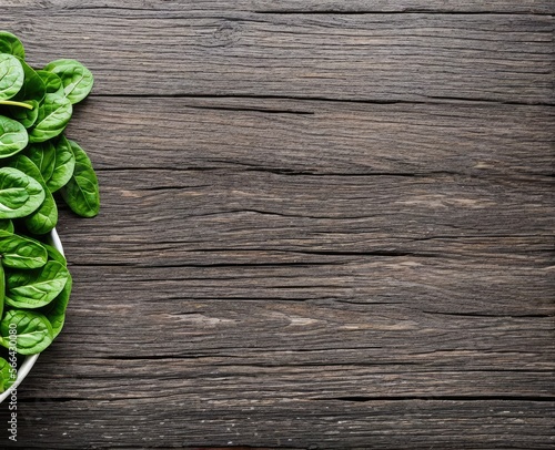 spinach leaves on a wooden background, top view with copy space.