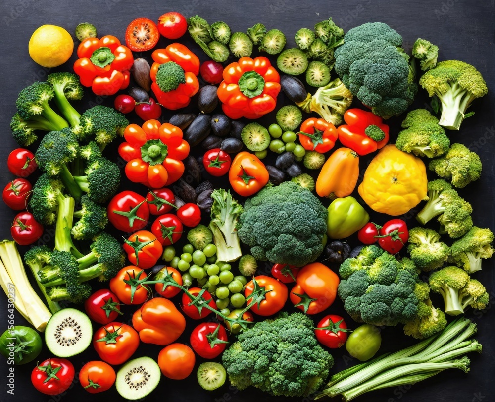 raw vegetables and fruits and fresh ingredients, top view. food background.